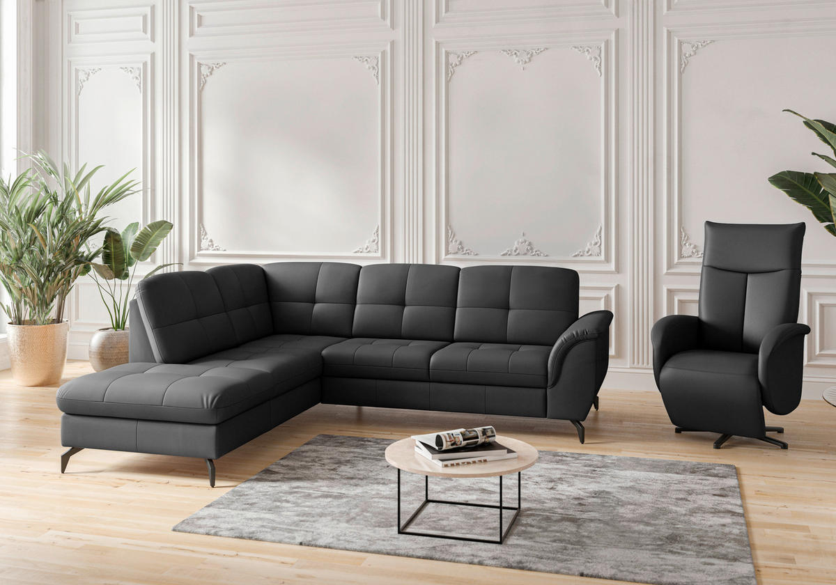 ECKSOFA in Vliesstoff Kombination Echtleder/Stoff Schwarz  212/244 cm  - Schwarz, MODERN, Leder/Textil (212/244cm) - Sit & More