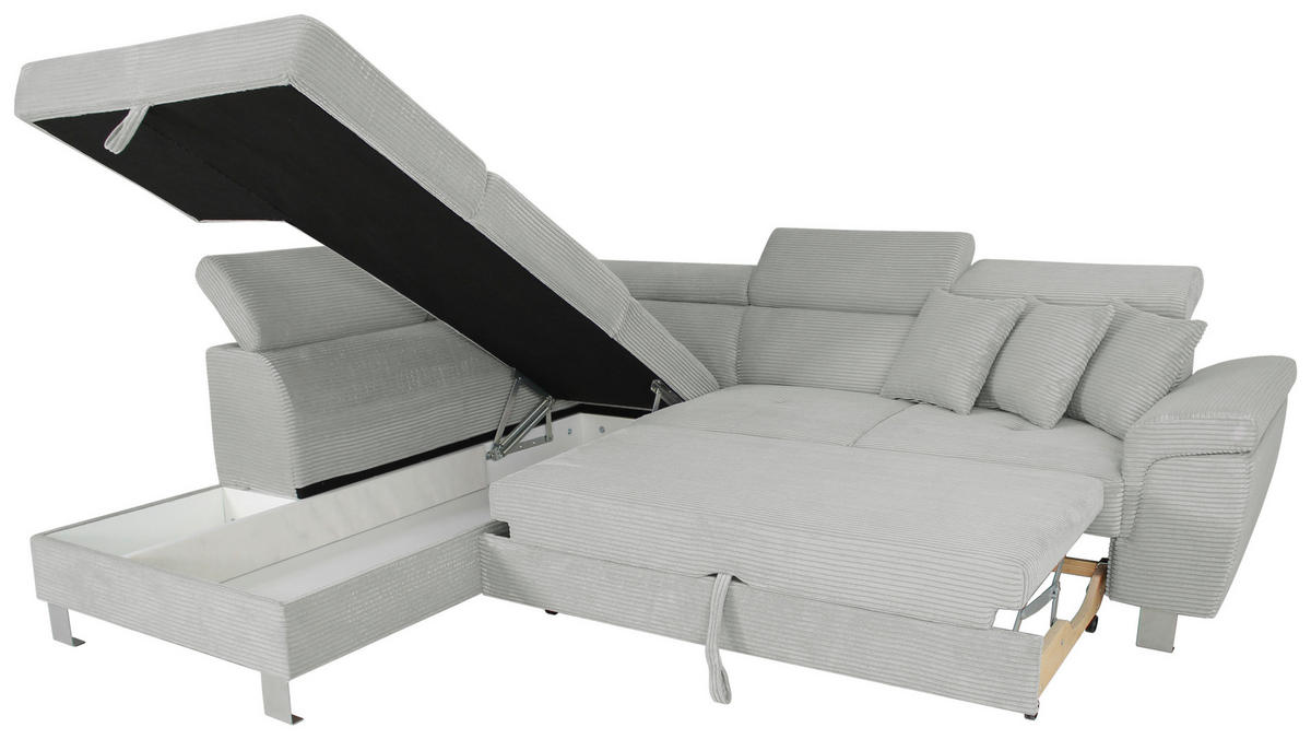 ECKSOFA inkl. Funktionen Grau Cord  - Silberfarben/Grau, Design, Textil/Metall (226/257cm) - Xora