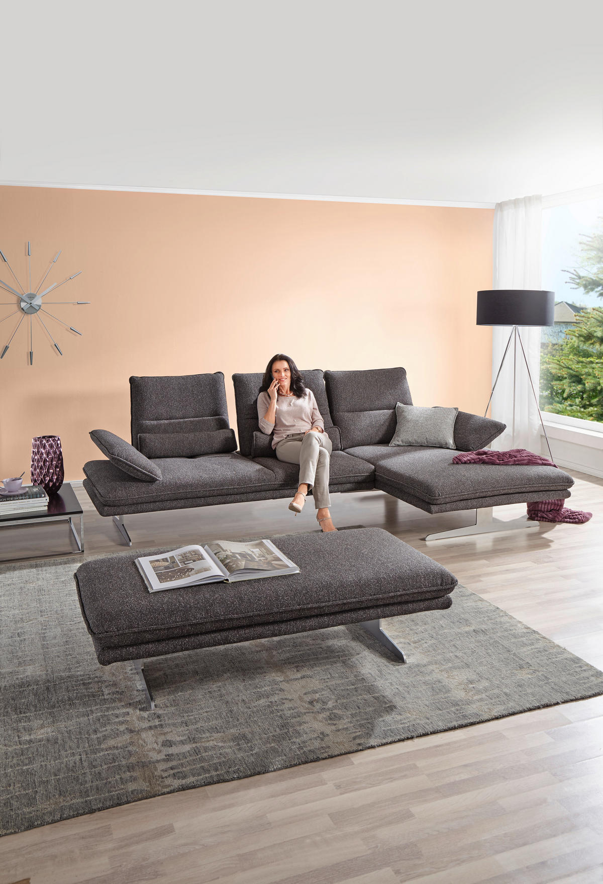 ECKSOFA Webstoff Anthrazit  - Chromfarben/Anthrazit, Design, Textil/Metall (291/164cm) - Chilliano