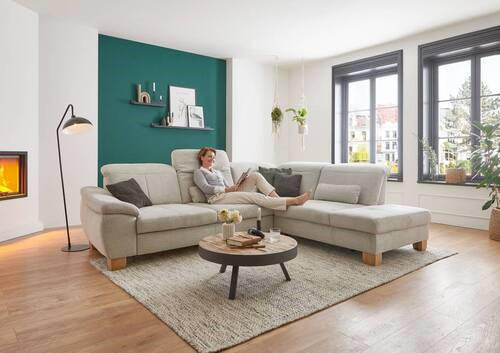 ECKSOFA in Flachgewebe Ecru  - Wildeiche/Ecru, Natur, Holz/Textil (243/301cm) - Voleo