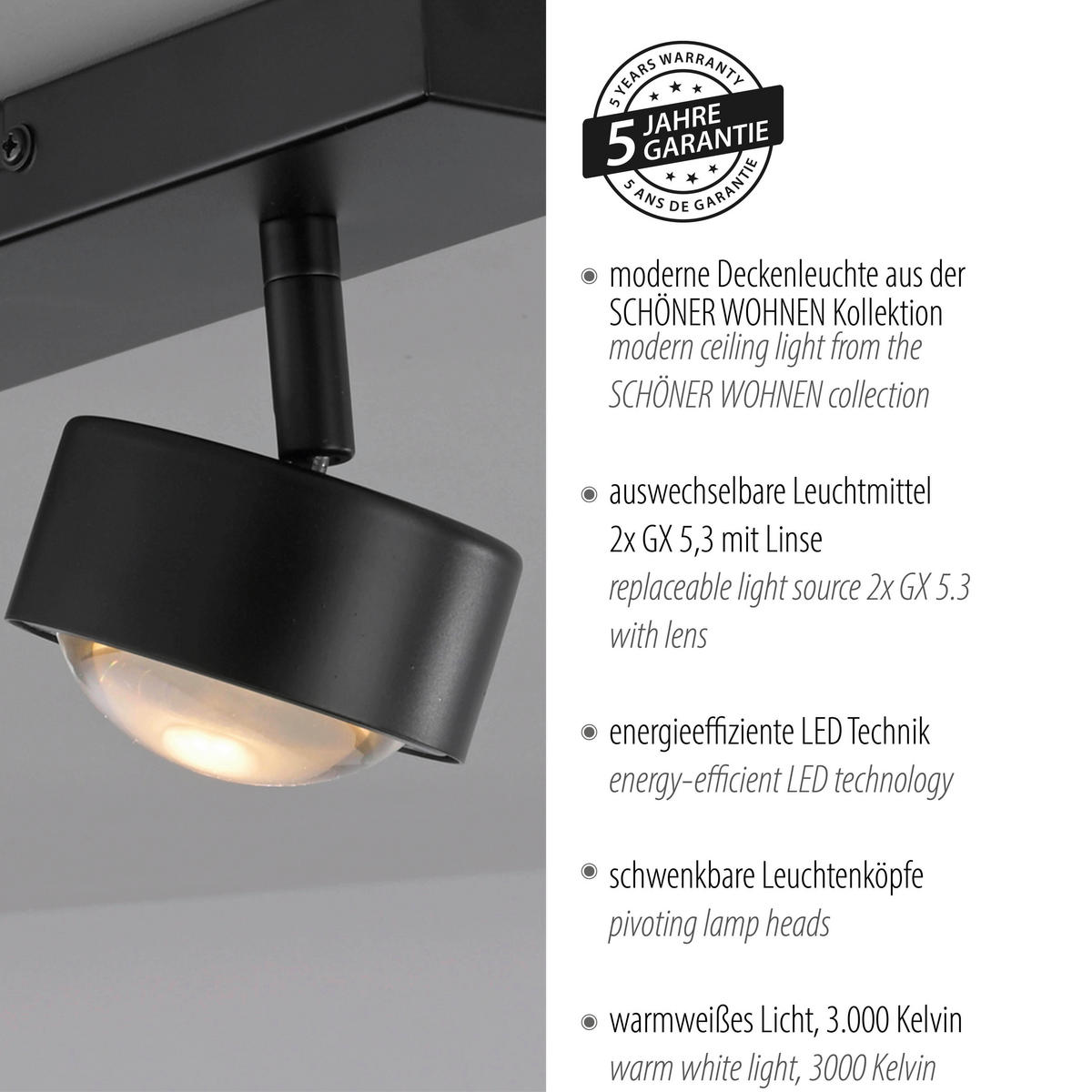 LED-DECKENLEUCHTE 30/12/12,5 cm   - Schwarz, Design, Kunststoff/Metall (30/12/12,5cm) - Schöner Wohnen