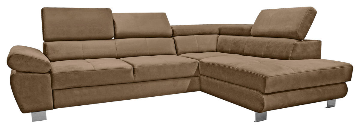 ECKSOFA Braun Webstoff Bettkasten, Schlaffunktion, Rücken echt, Armteilverstellung, Kopfteilverstellung  - Chromfarben/Braun, MODERN, Textil/Metall (278/205cm) - Stylife