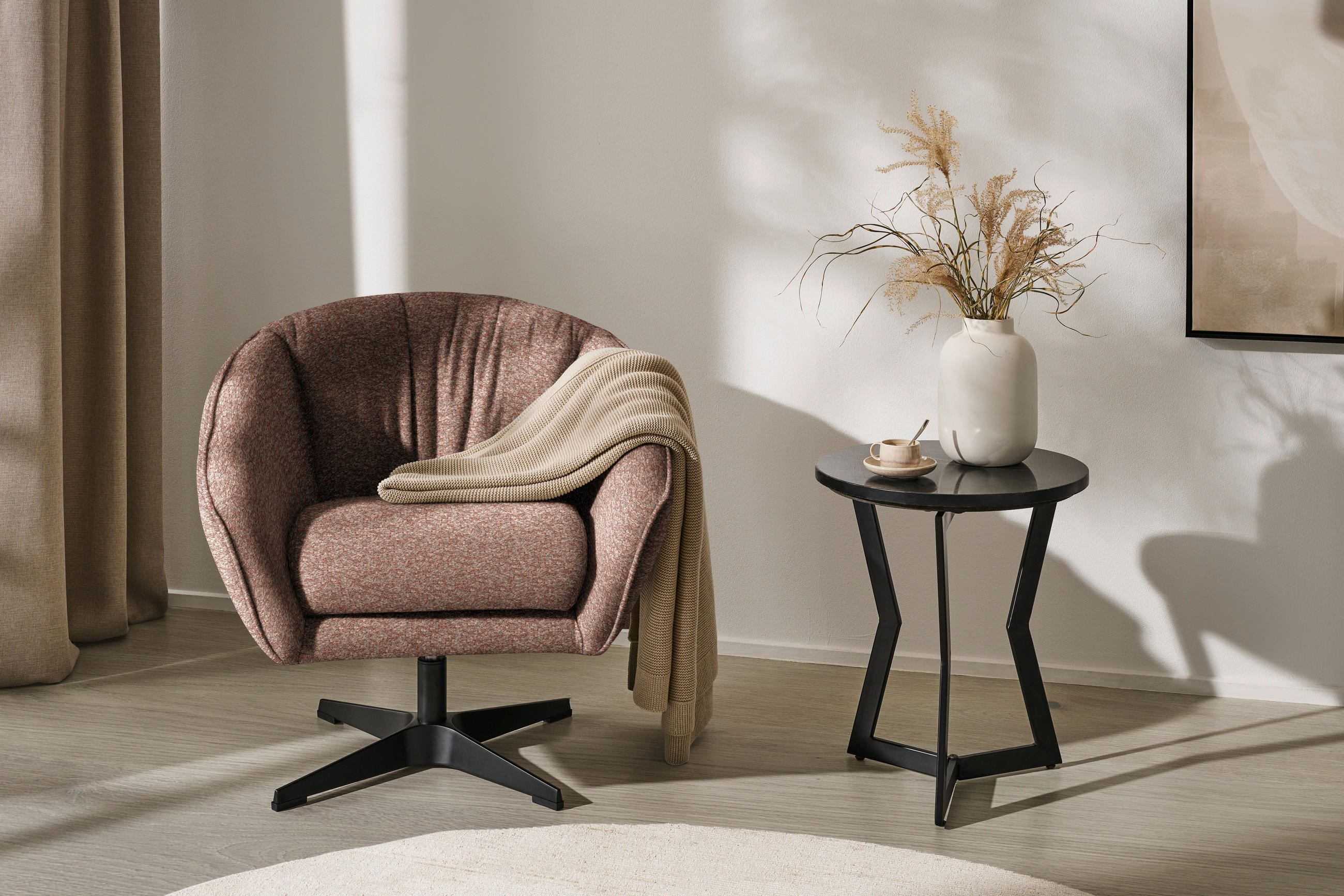 SESSEL in Bouclé Rosa  - Schwarz/Rosa, Design, Textil/Metall (80/78/80cm) - Stylife