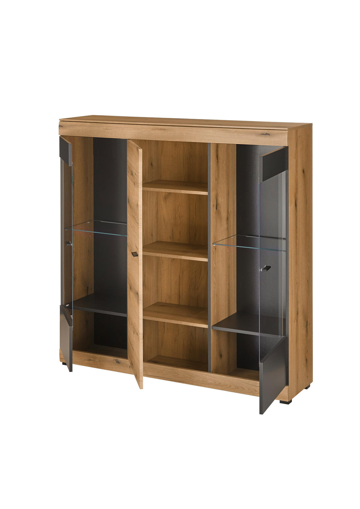 HIGHBOARD , 140/141/35 cm,  - Eichefarben/Schwarz, Design, Glas/Holzwerkstoff (140/141/35cm) - MID.YOU