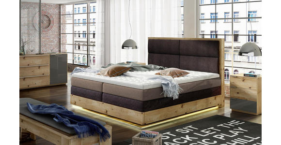 BOXSPRINGBETT Webstoff 140/200 cm INKL. Beleuchtung, Topper - Dunkelgrau/Eichefarben, Design, Holz/Textil (140/200cm) - Linea Natura
