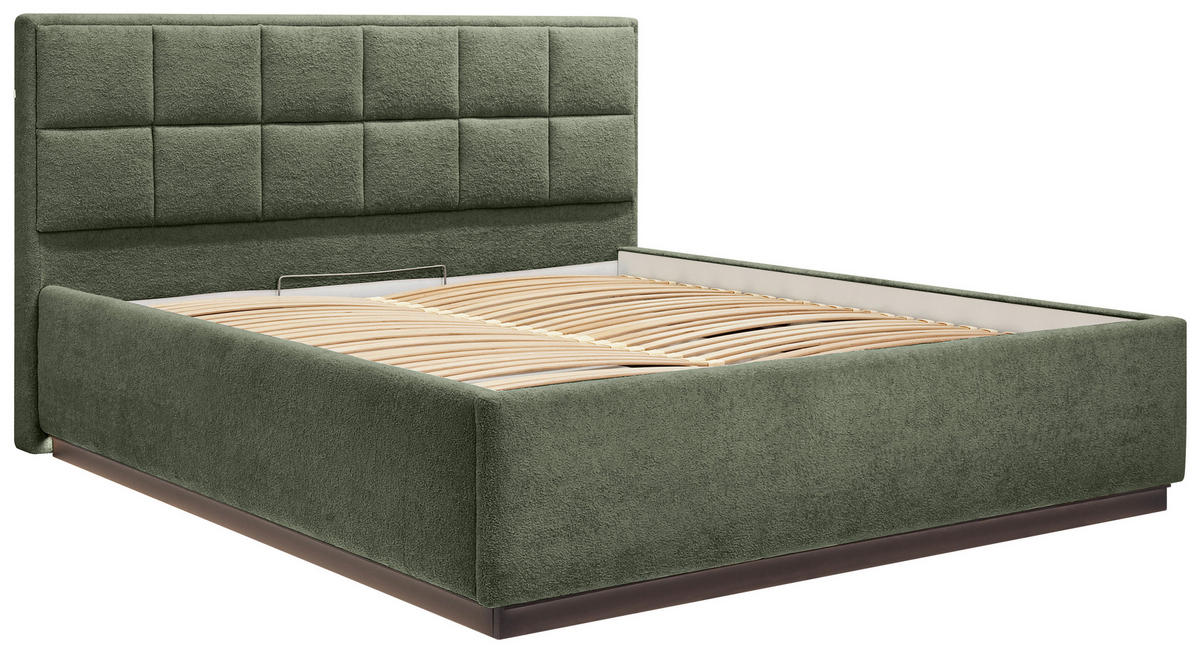 POLSTERBETT 140/200 cm,  in Grün, gepolstertes Kopfteil, Beleuchtung, Lattenrost, Bettkasten,  - Birkefarben/Schwarz, Design, Holz/Holzwerkstoff (140/200cm) - Chameo