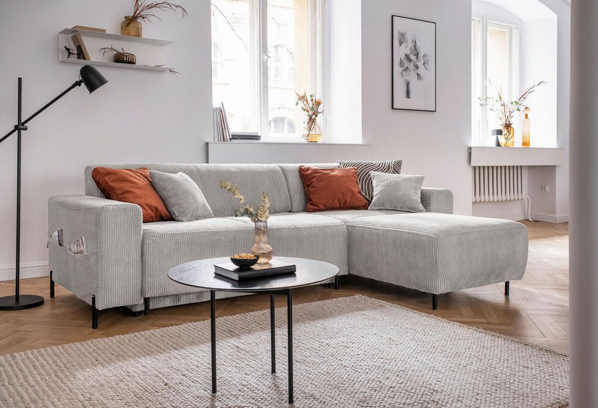 ECKSOFA in Cord Beige  - Beige/Schwarz, Textil/Metall (260/165cm) - MID.YOU