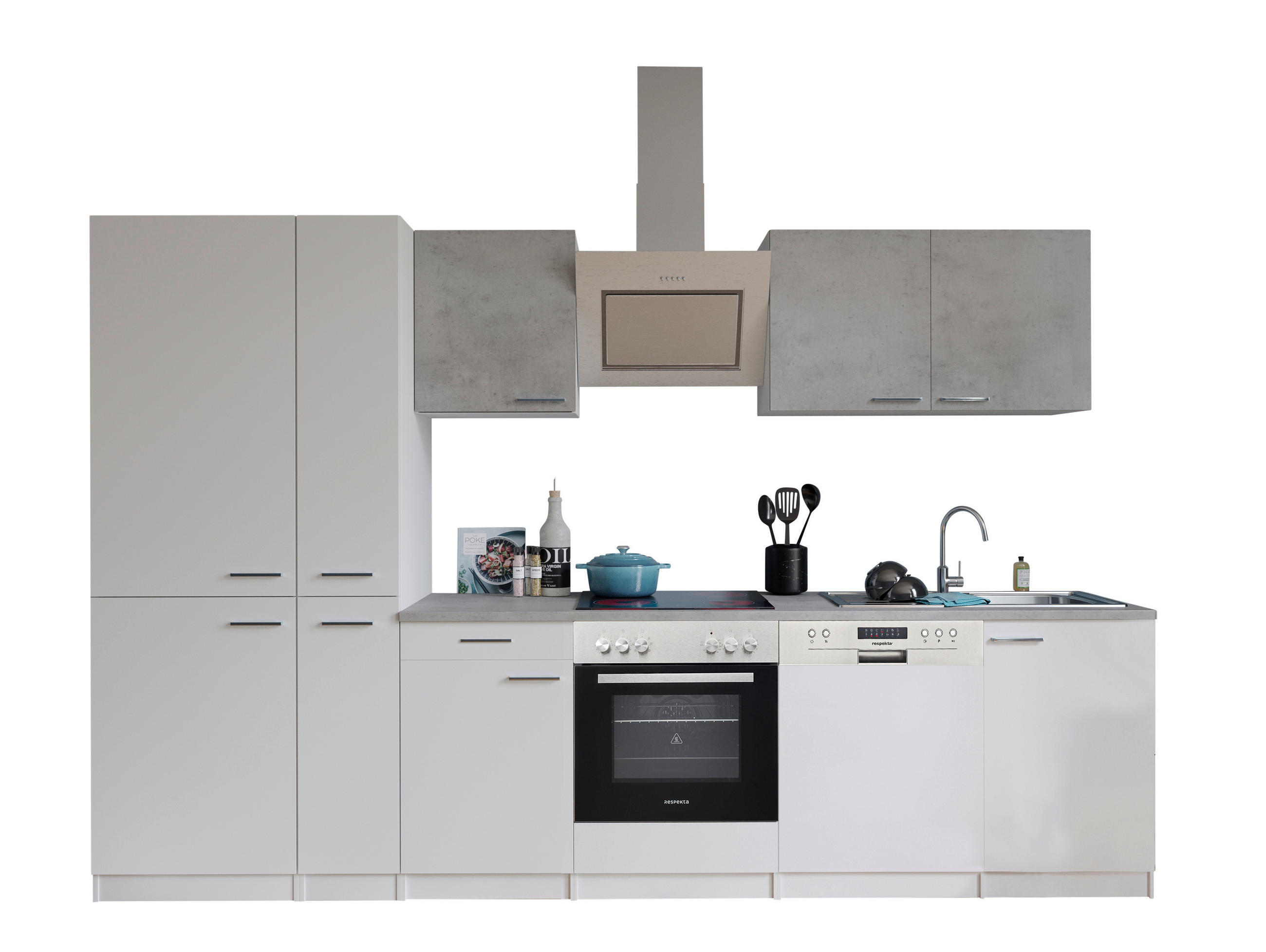 KÜCHENBLOCK 310 cm   in Weiß, Hellgrau  - Edelstahlfarben/Hellgrau, Basics, Holzwerkstoff/Metall (310cm) - Respekta
