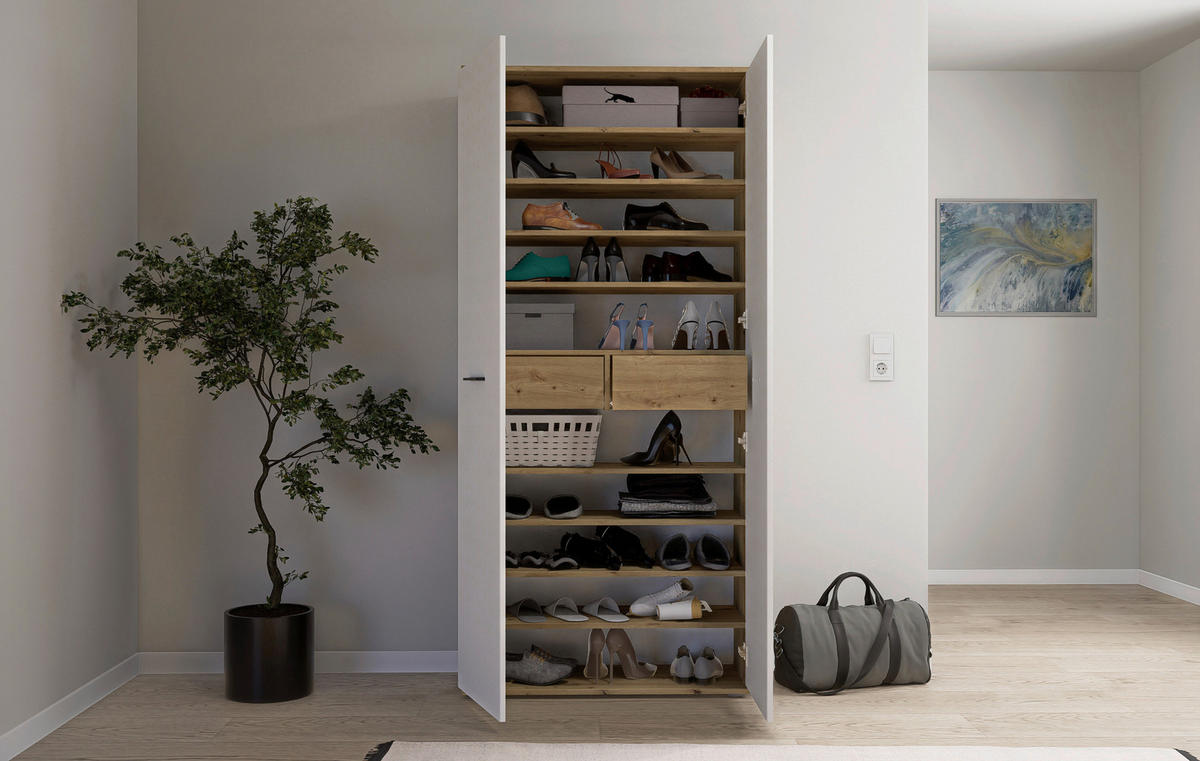 SCHUHSCHRANK Weiß, Eiche Artisan  - Silberfarben/Schwarz, Basics, Holzwerkstoff/Kunststoff (90/195/35cm) - Xora