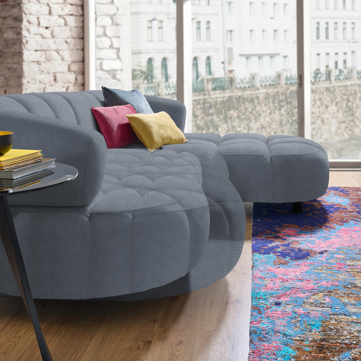 ECKSOFA in Webstoff Blaugrau  - Blaugrau/Schwarz, Design, Holz/Textil (284/183cm) - Welnova