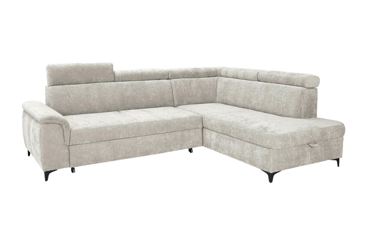 ECKSOFA Elfenbein Chenille Bettkasten, Schlaffunktion, Rücken echt, Kopfteilverstellung, Liegefläche im Originalstoff  - Elfenbein/Schwarz, KONVENTIONELL, Textil/Metall (265/206cm) - Carryhome