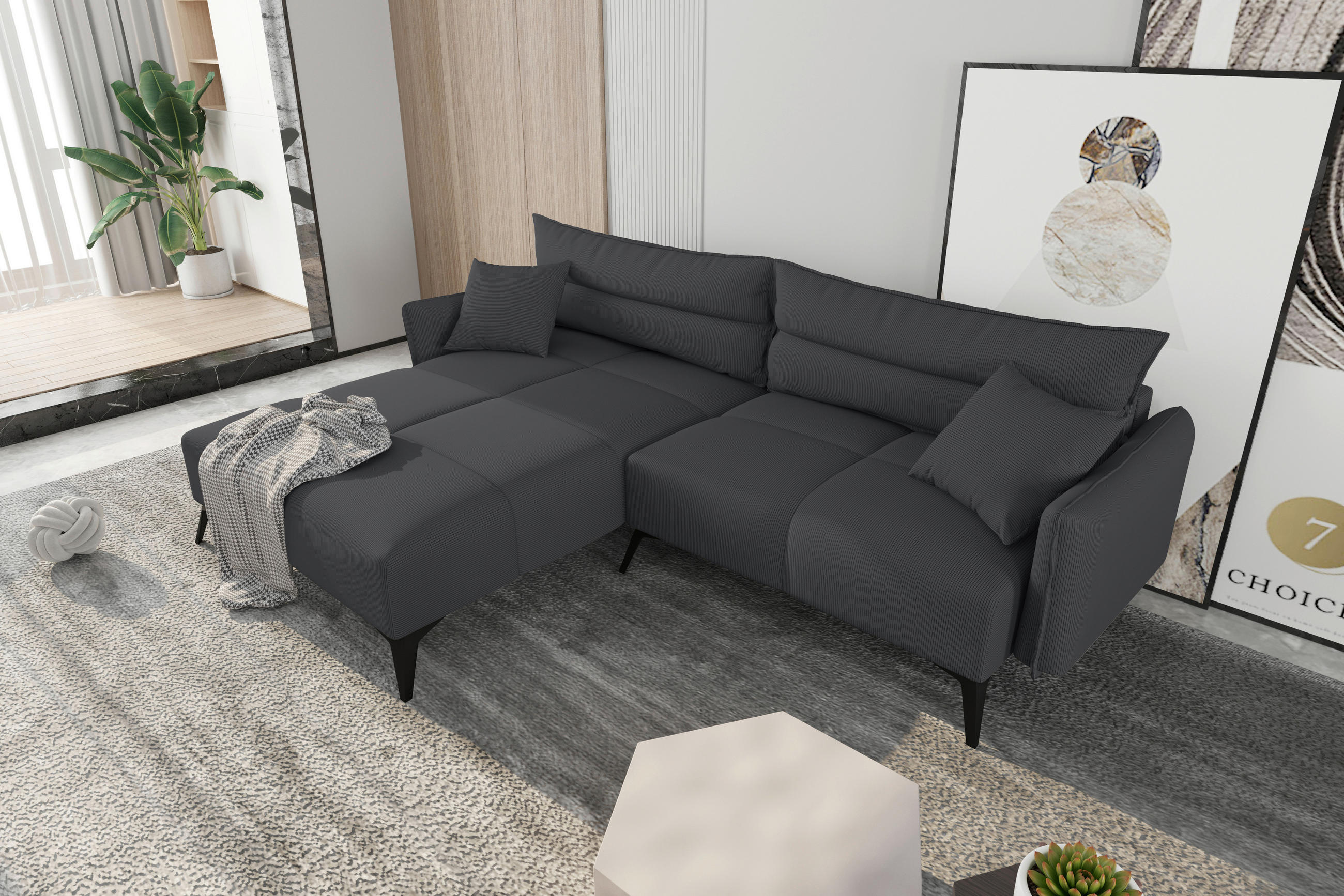 ECKSOFA in Cord Dunkelgrau  180/253 cm  - Dunkelgrau/Schwarz, KONVENTIONELL, Textil/Metall (180/253cm) - Carryhome