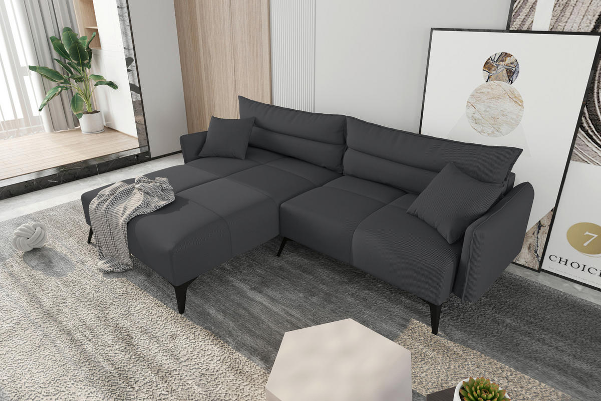 ECKSOFA in Cord Dunkelgrau  180/253 cm  - Dunkelgrau/Schwarz, KONVENTIONELL, Textil/Metall (180/253cm) - Carryhome