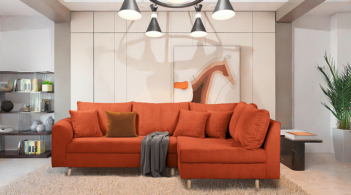 ECKSOFA inkl. Hocker Ariella in Cord Rostfarben  231/161 cm  - Rostfarben/Naturfarben, Design, Holz/Textil (231/161cm) - Livetastic