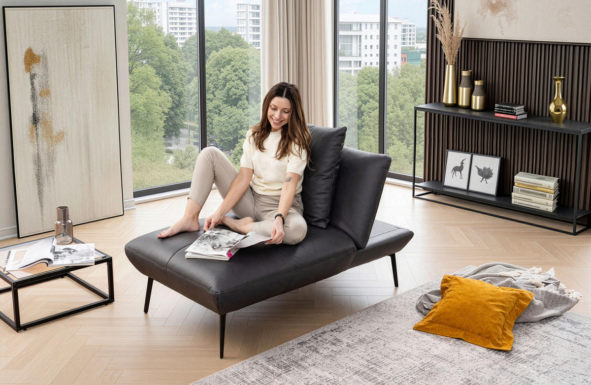 HOCKER Echtleder Anthrazit  - Anthrazit/Schwarz, Design, Leder/Metall (142/43/80cm) - Moderano