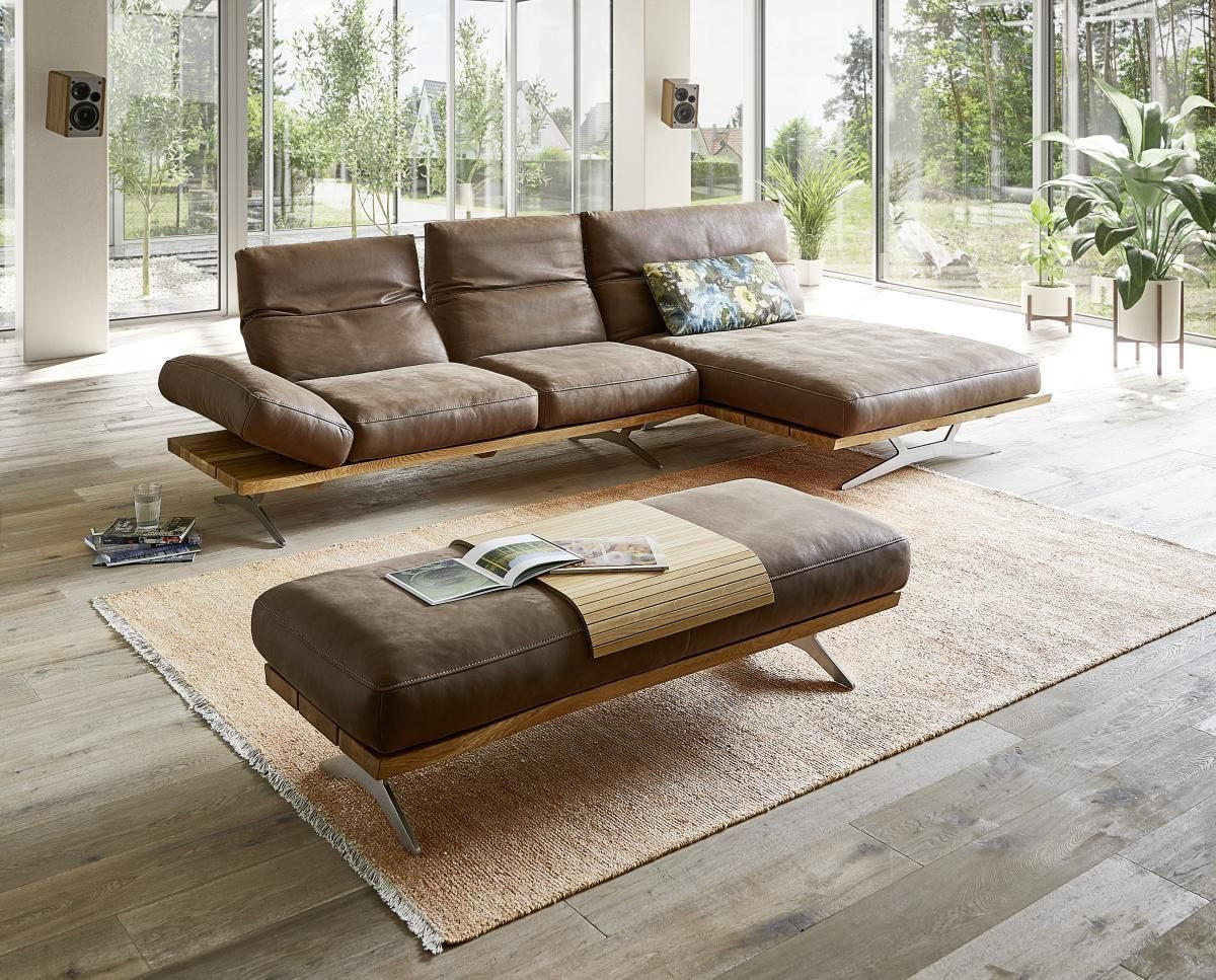 ECKSOFA inkl.Funktion Nurano Braun, Eichefarben Echtleder  - Edelstahlfarben/Eichefarben, Natur, Leder/Holzwerkstoff (320/157cm) - Ambiente
