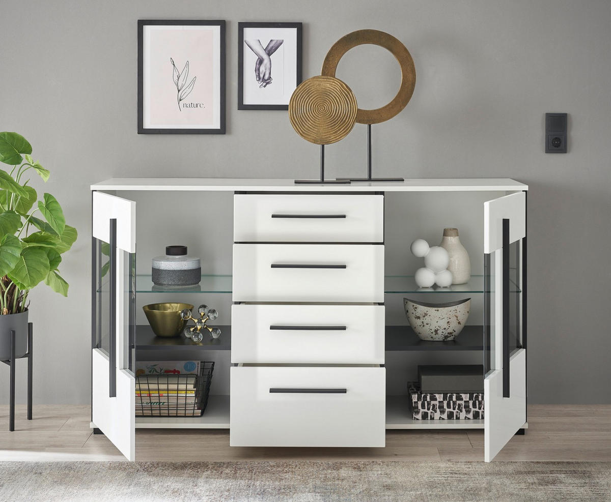 SIDEBOARD  150/86/42 cm 4 Schublade(n)  - Weiß Hochglanz/Schwarz, Design, Glas/Holzwerkstoff (150/86/42cm) - Livetastic