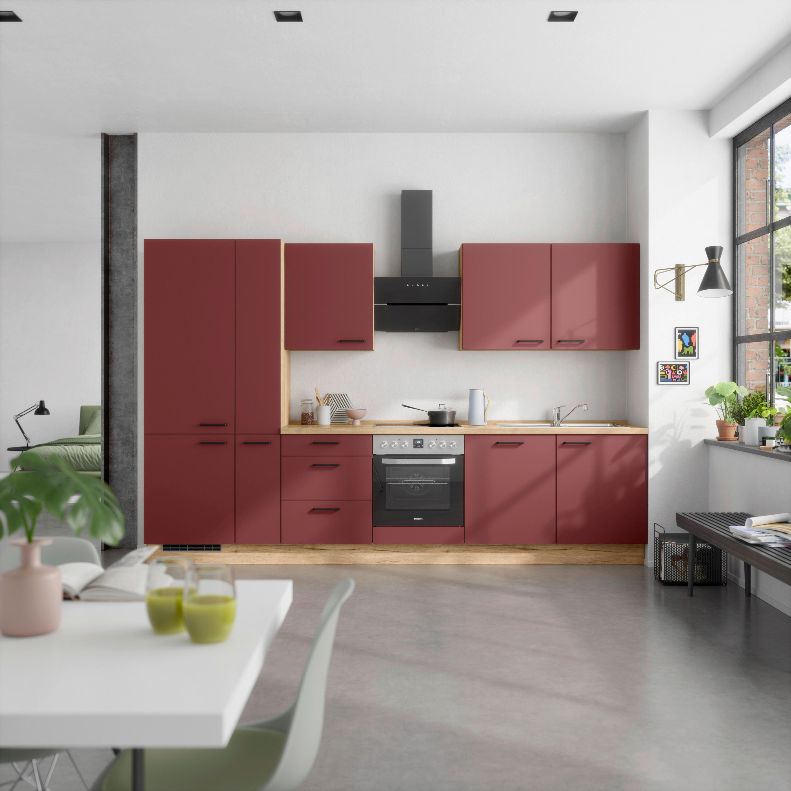 KÜCHENBLOCK Easytouch 330 cm  in Eichefarben, Dunkelrot  - Eichefarben/Schwarz, MODERN, Holzwerkstoff/Metall (330cm) - Nobilia