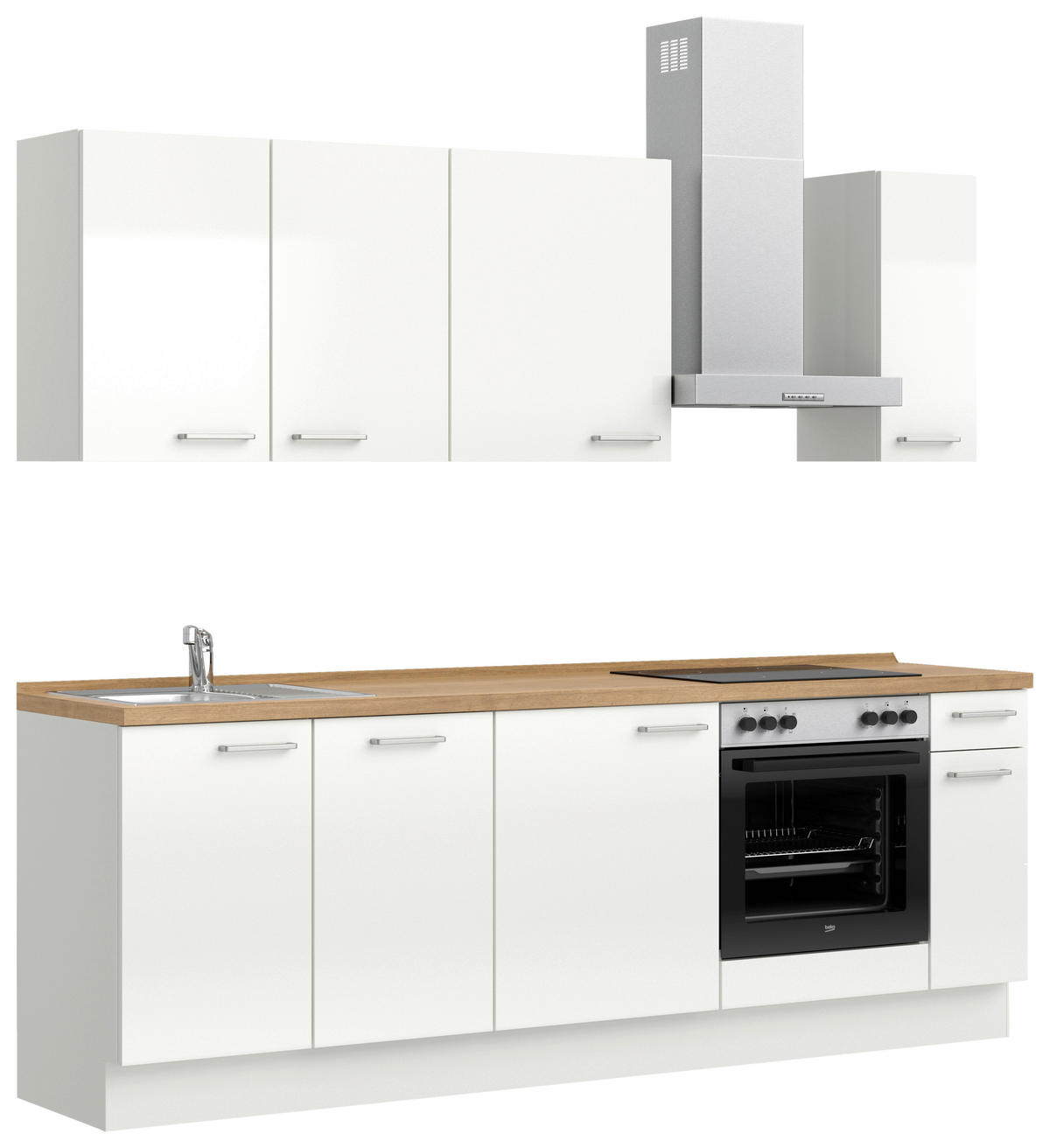 KÜCHENLEERBLOCK 240 cm   in Eichefarben, Weiß Hochglanz  - Edelstahlfarben/Eichefarben, MODERN, Holzwerkstoff/Metall (240cm) - Nobilia