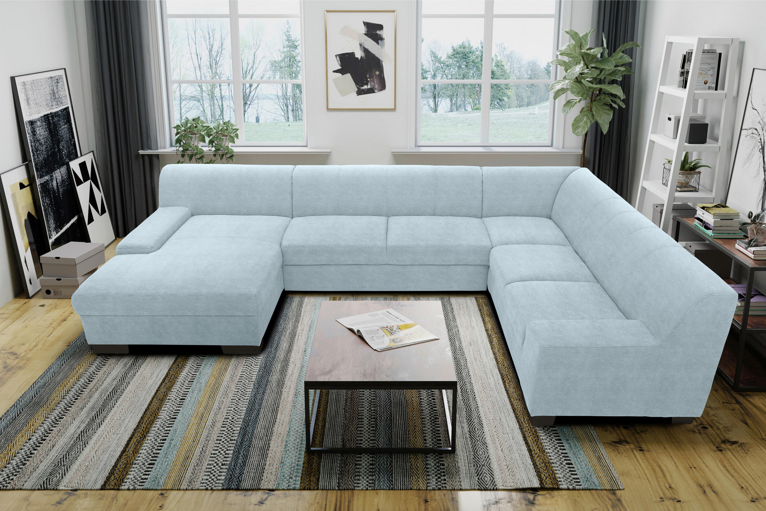 WOHNLANDSCHAFT Pastellblau Webstoff  - Wengefarben/Pastellblau, Design, Holz/Textil (153/328/212cm) - MID.YOU