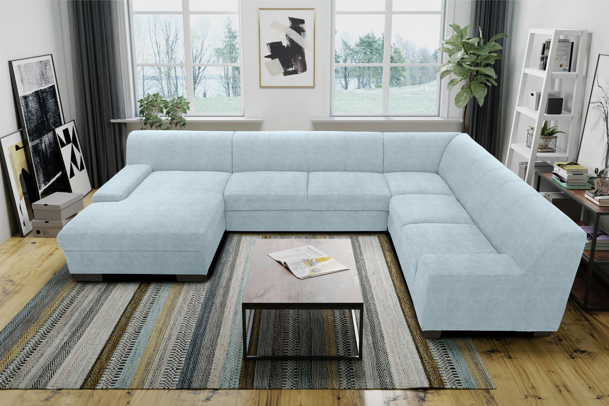 WOHNLANDSCHAFT Pastellblau Webstoff  - Wengefarben/Pastellblau, Design, Holz/Textil (153/328/212cm) - MID.YOU