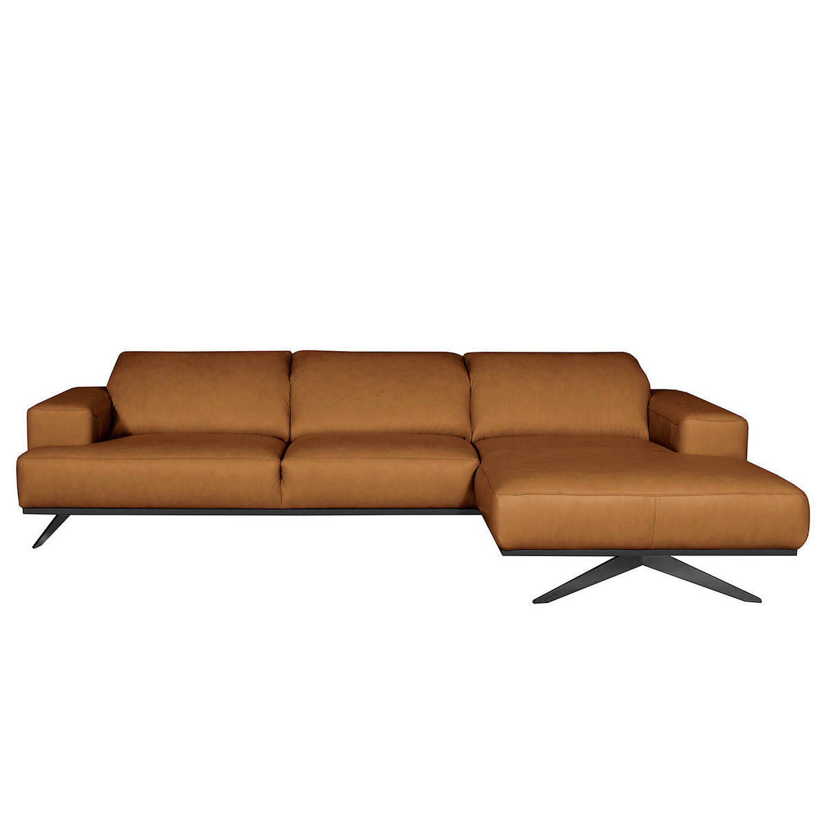 ECKSOFA Cognac Echtleder Rücken echt, Kopfteilverstellung  - Cognac/Schwarz, Design, Leder/Metall (295/187cm) - Livetastic