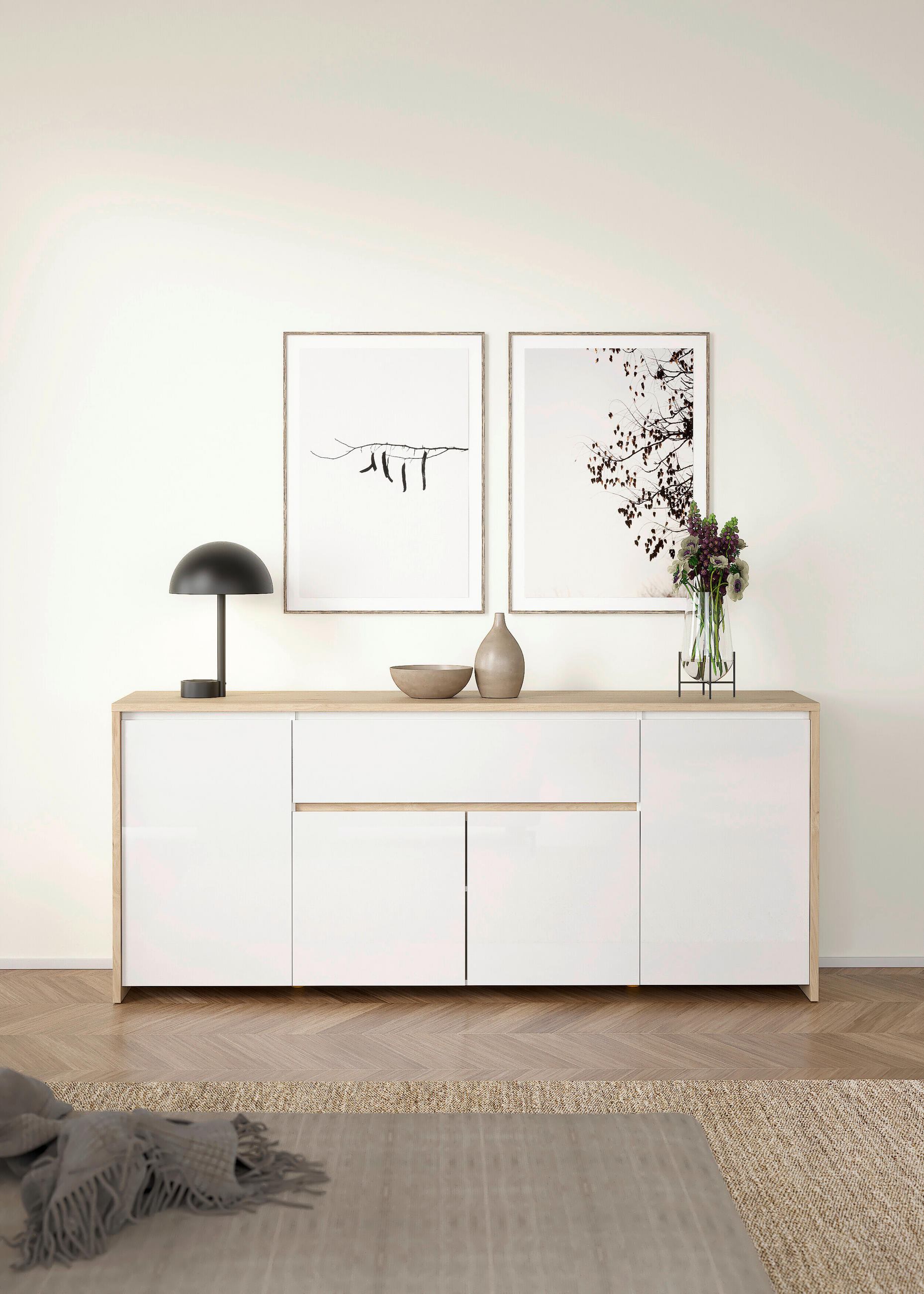 SIDEBOARD 197/84/48 cm  in Eichefarben, Weiß Hochglanz  - Eichefarben/Weiß Hochglanz, KONVENTIONELL, Holzwerkstoff (197/84/48cm) - Boxxx