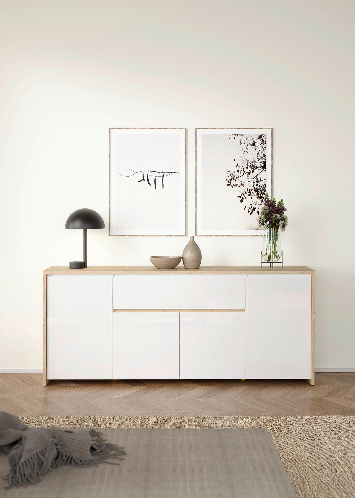 SIDEBOARD  in 197/84/48 cm  - Weiß Hochglanz/Eichefarben, KONVENTIONELL, Holzwerkstoff (197/84/48cm) - Boxxx