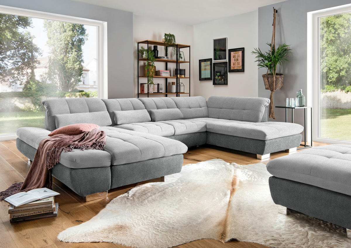 WOHNLANDSCHAFT in Mikrofaser Hellgrau  - Chromfarben/Hellgrau, Design, Kunststoff/Textil (204/350/211cm) - Xora
