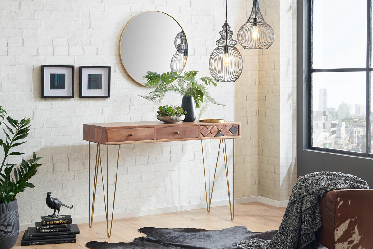 KONZOLOVÝ STOLÍK, akácia, farba akácie, 115/42/78 cm - farba akácie/bronzová, Trend, kov/drevo (115/42/78cm) - Ambia Home