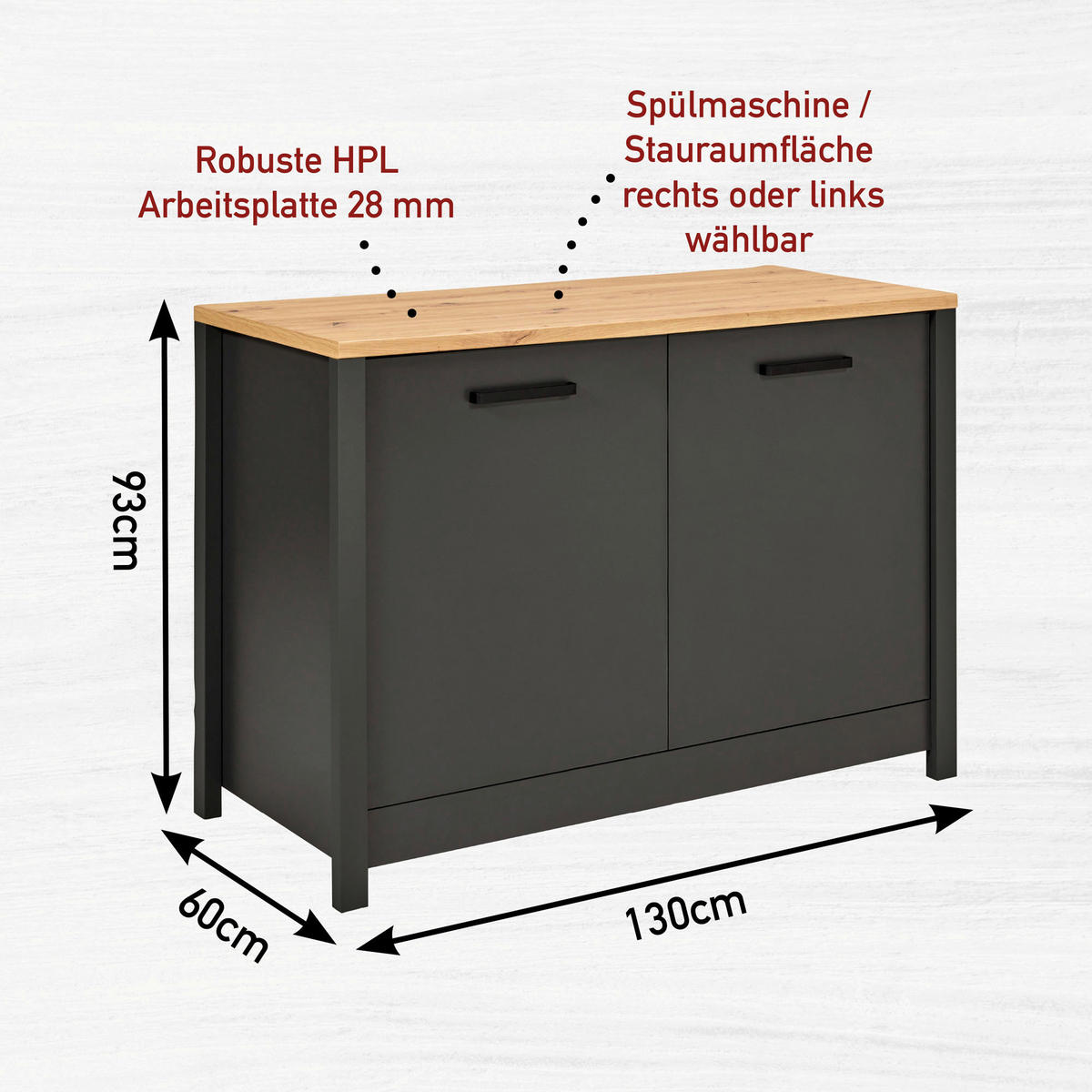 SPÜLENUNTERSCHRANK 130,3/92/60 cm  in Anthrazit, Eiche Artisan  - Anthrazit/Schwarz, MODERN, Holzwerkstoff/Metall (130,3/92/60cm) - home24
