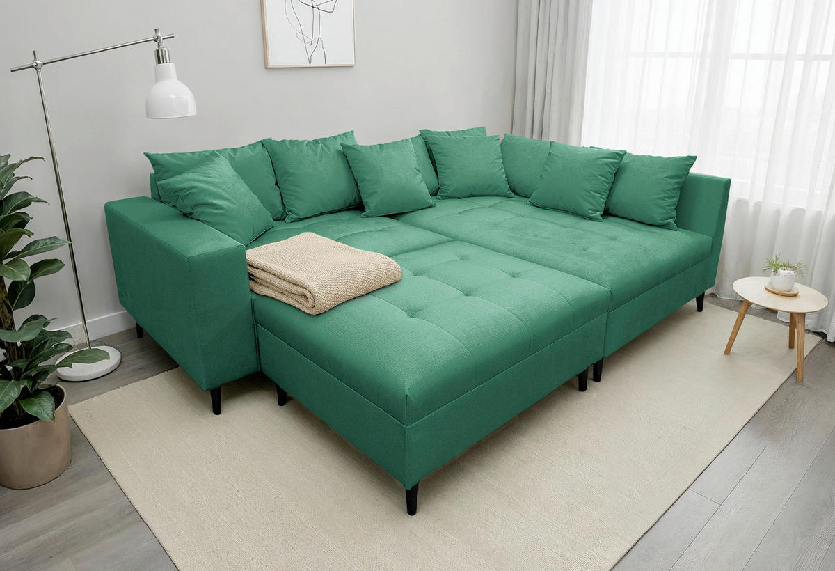 Ecksofa inkl. Hocker Mikrofaser Grün  - Schwarz/Grün, Design, Holz/Textil (247/174cm) - MID.YOU