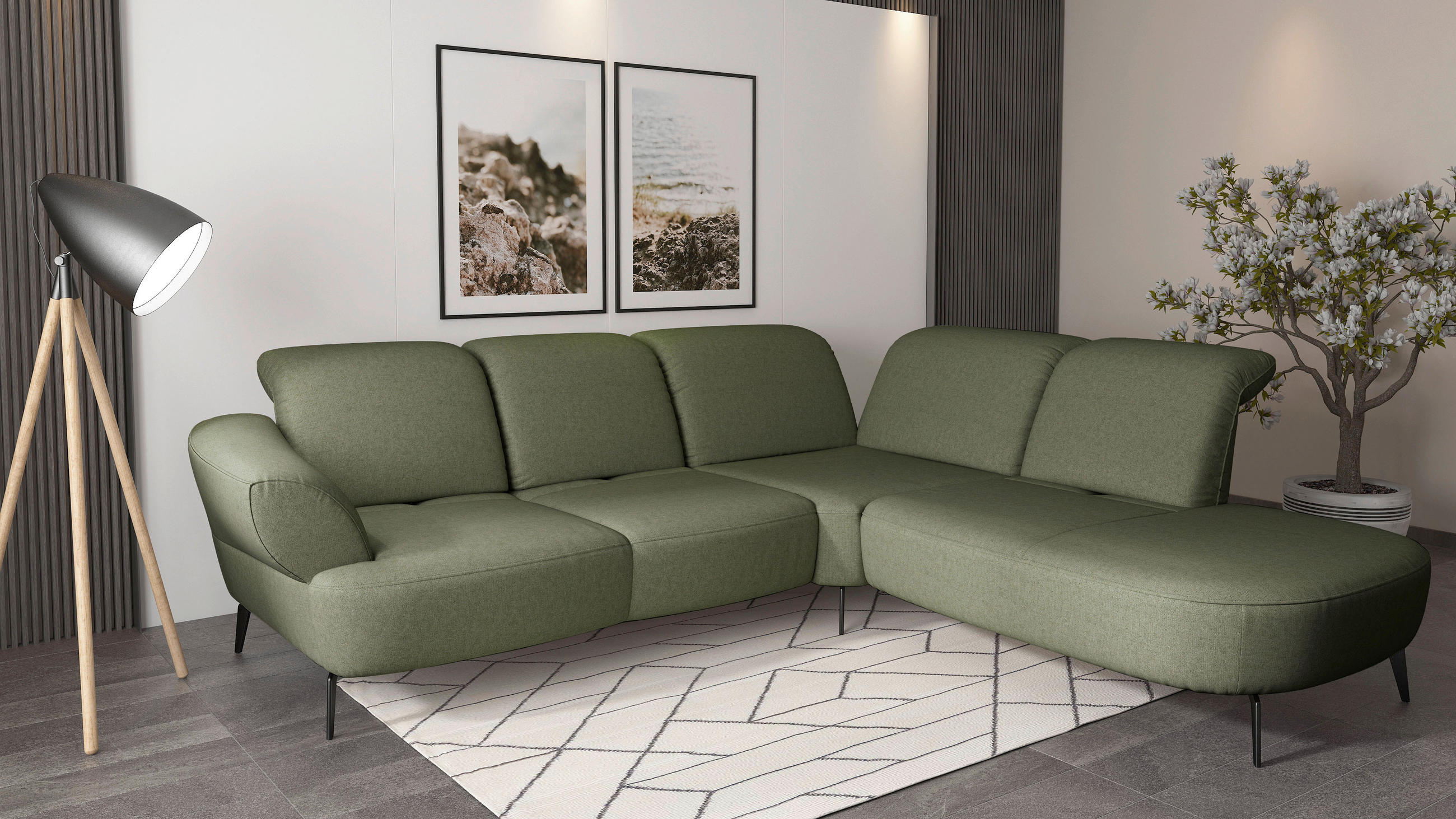 ECKSOFA in Flachgewebe Olivgrün  - Schwarz/Olivgrün, Modern, Textil/Metall (302/270cm) - Sit & More