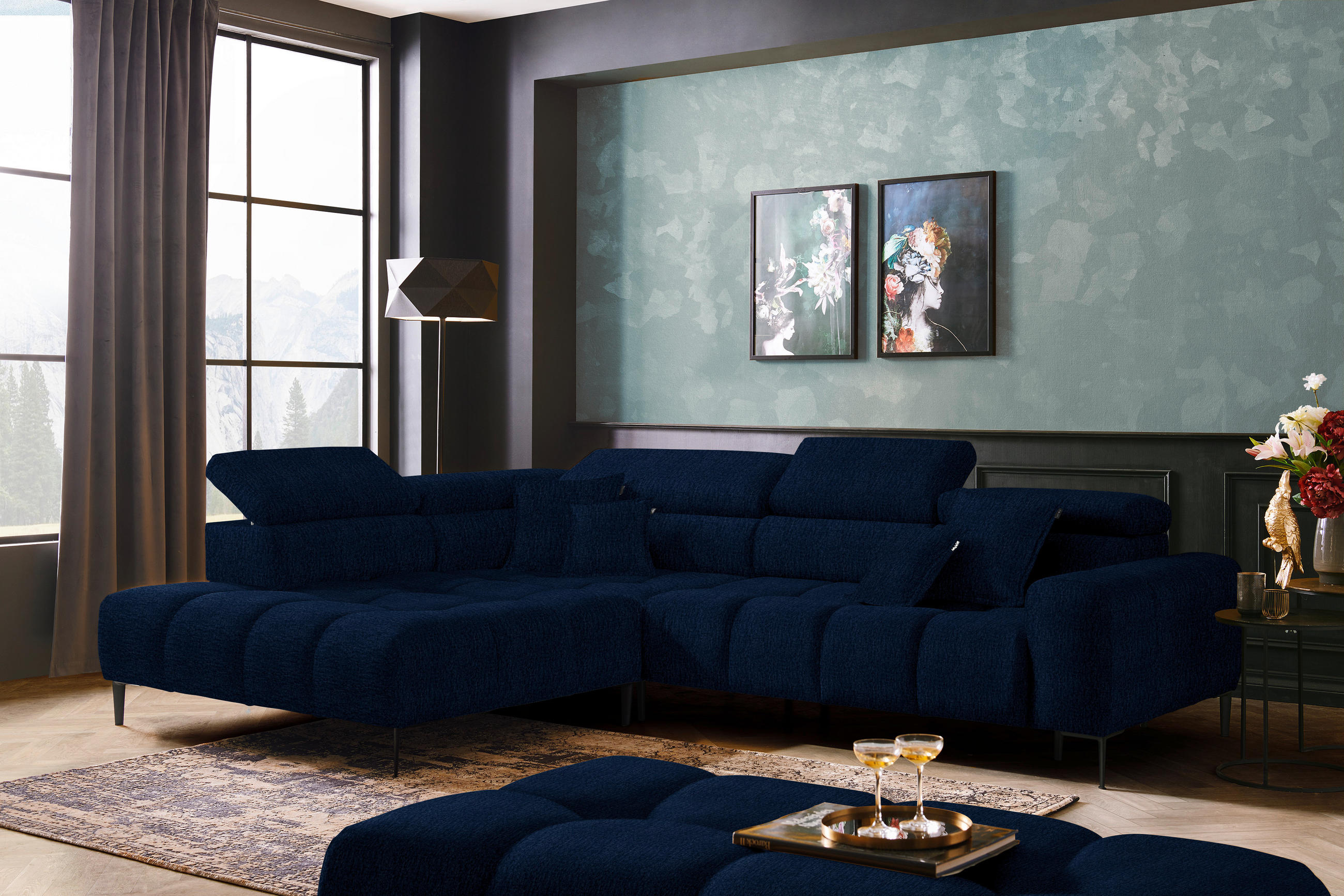 ECKSOFA Dunkelblau Samt, Webstoff  - Schwarz/Dunkelblau, Design, Textil/Metall (216/300cm) - Welnova