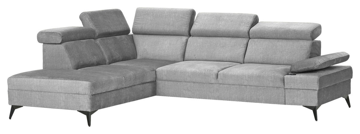 ECKSOFA Greige Flachgewebe Rücken echt, Kopfteilverstellung, Sitzvorzug  - Greige/Schwarz, MODERN, Textil/Metall (210/258cm) - Landscape