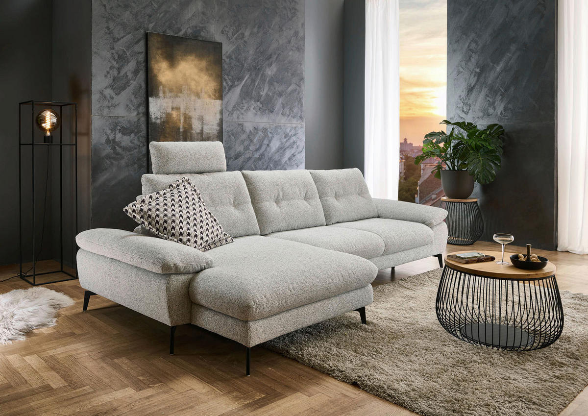 ECKSOFA Hellgrau Flachgewebe  - Hellgrau/Schwarz, Design, Textil/Metall (168/303cm) - Valdera