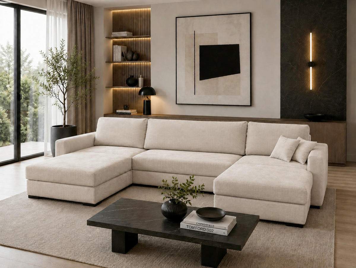 WOHNLANDSCHAFT  Cord Beige  - Beige/Schwarz, Basics, Holz/Holzwerkstoff (379/93/184cm) - MID.YOU