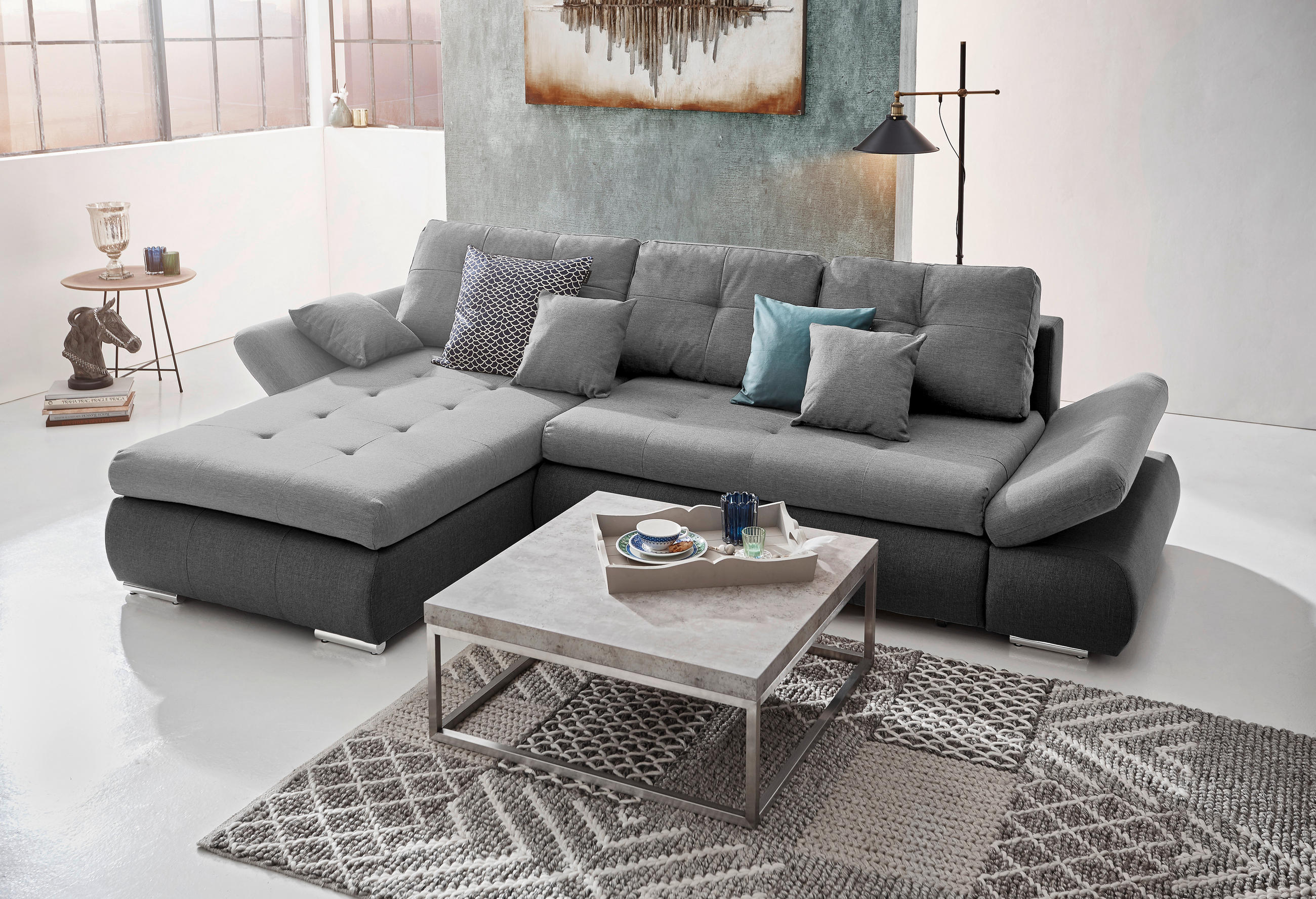 ECKSOFA Hellgrau, Dunkelgrau Webstoff  - Chromfarben/Dunkelgrau, Design, Kunststoff/Textil (302/187cm) - Carryhome