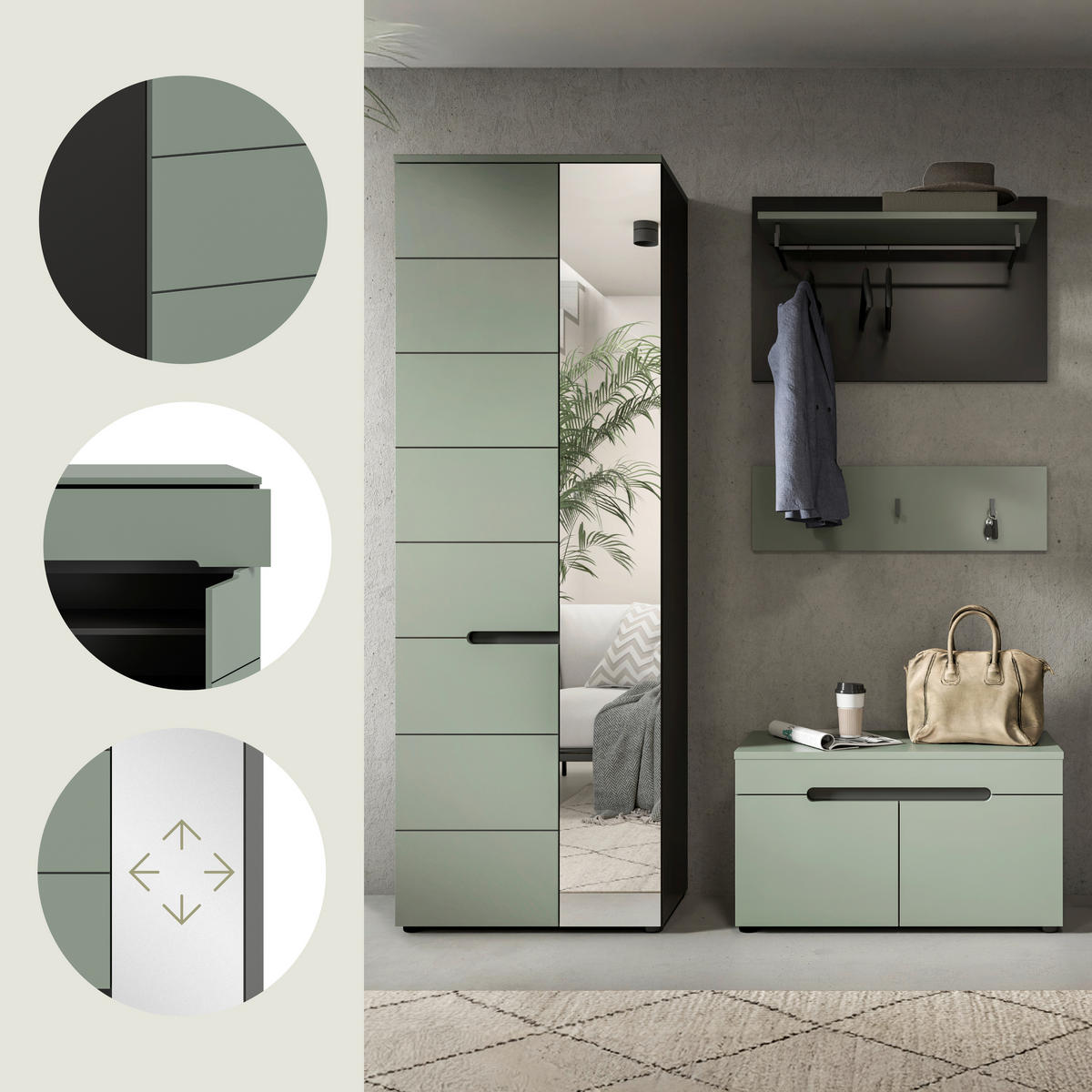 ELŐSZOBAFAL - szürke/szürkészöld, Design, faalapú anyag (160/190/37cm) - Livetastic