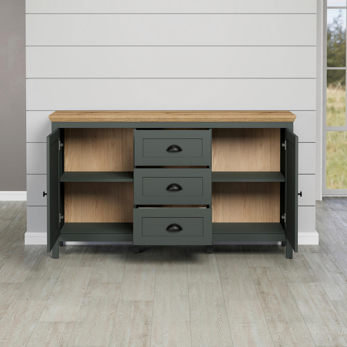 SIDEBOARD STANTON 146/86/45 cm 3 Schublade(n)  - Waldgrün/Schwarz, Design, Holzwerkstoff/Kunststoff (146/86/45cm) - MID.YOU