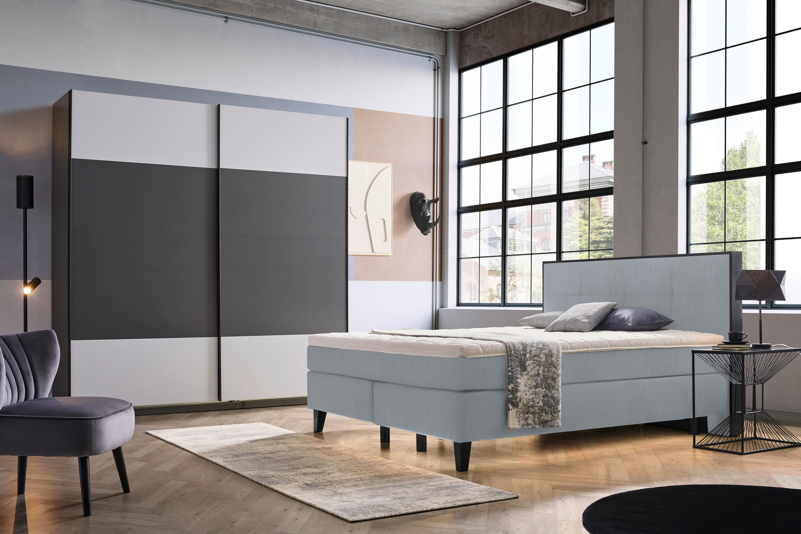 BOXSPRINGBETT 160/200 cm  in Pastellblau  - Pastellblau/Schwarz, Design, Holz/Textil (160/200cm) - Hom`in