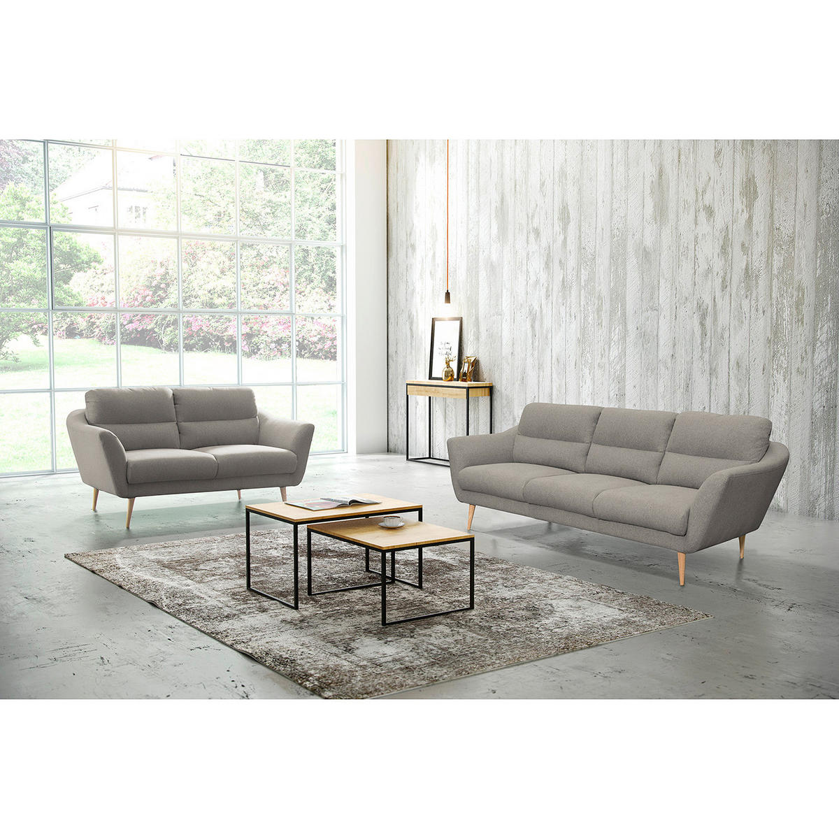 3-SITZER-SOFA Webstoff Grau  - Buchefarben/Grau, Design, Holz/Textil (209/87/88cm) - Livetastic