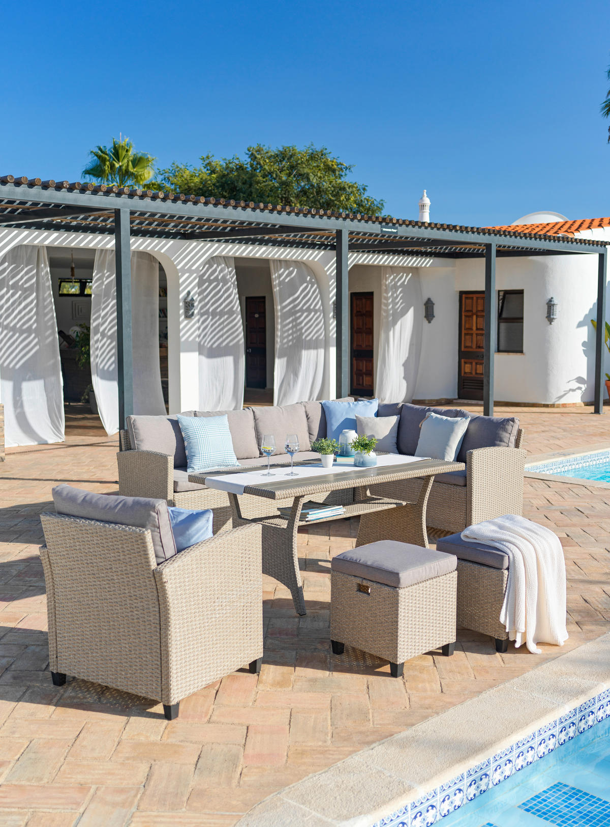Loungegarnitur 6-tlg. Porto II 175/232 cm Stahl  - Hellgrau/Braun, MODERN, Kunststoff/Textil (175/232cm) - Luca Bessoni