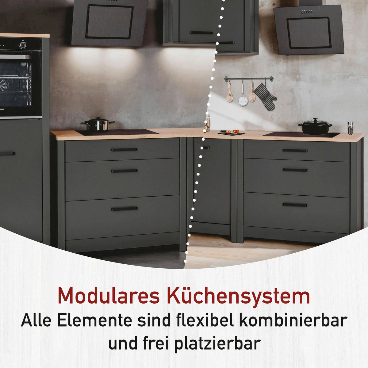 KÜCHENLEERBLOCK   in Anthrazit, Eiche Artisan  - Anthrazit/Schwarz, MODERN, Glas/Holzwerkstoff (370/167/60cm) - home24