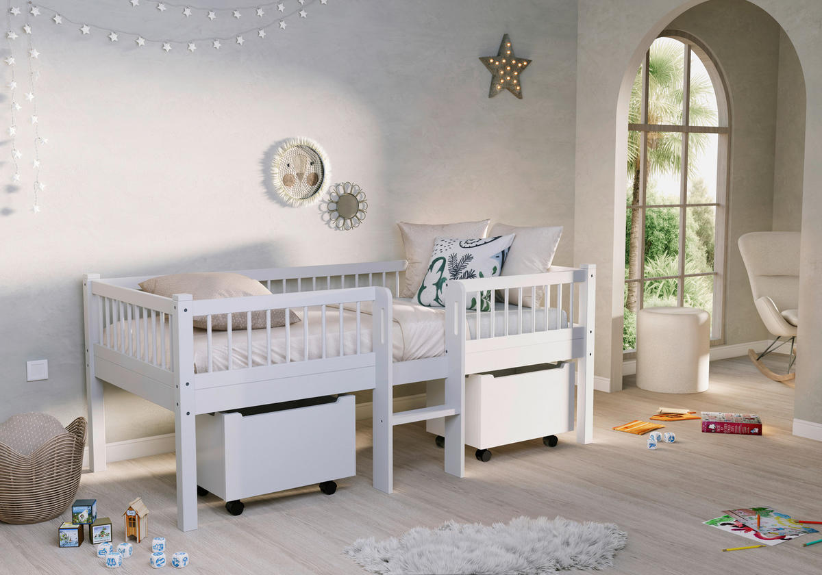 SPIELBETT Absturzsicherung, Leiter, Rollrost, Bettschublade 90/200 cm  in Weiß  - Naturfarben/Weiß, MODERN, Holz (90/200cm) - Vipack