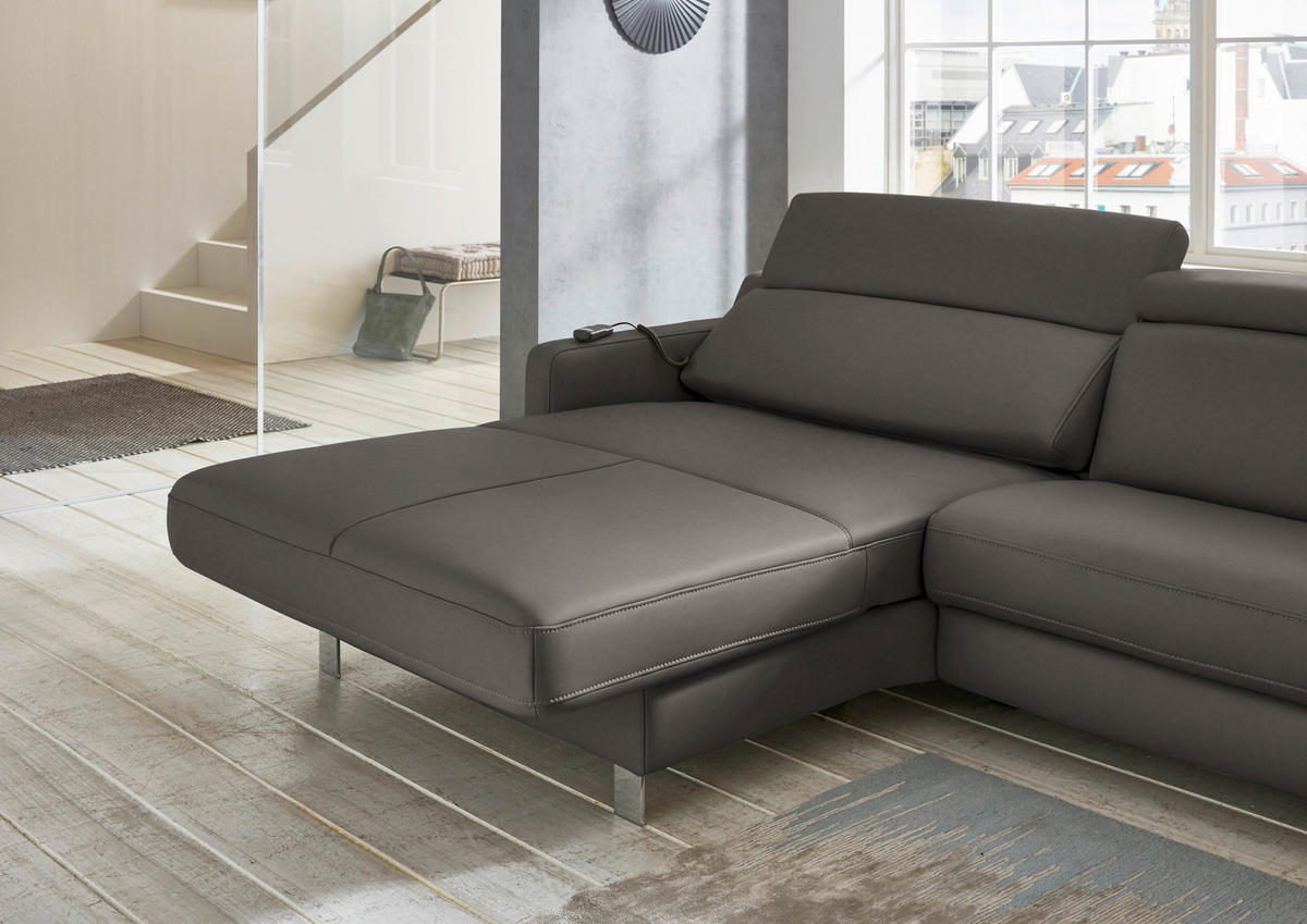 ECKSOFA in Echtleder Graubraun  - Chromfarben/Graubraun, Design, Leder/Metall (176/291cm) - Valdera