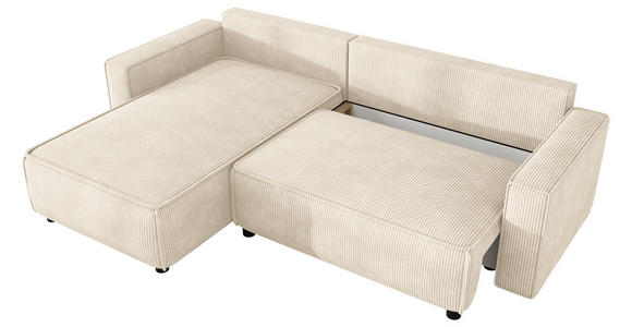 ECKSOFA Creme Cord Zierkissen, Rückenkissen, Bettkasten, Schlaffunktion, Rücken echt, Liegefläche im Originalstoff  - Creme/Schwarz, MODERN, Kunststoff/Textil (190/280cm) - Carryhome