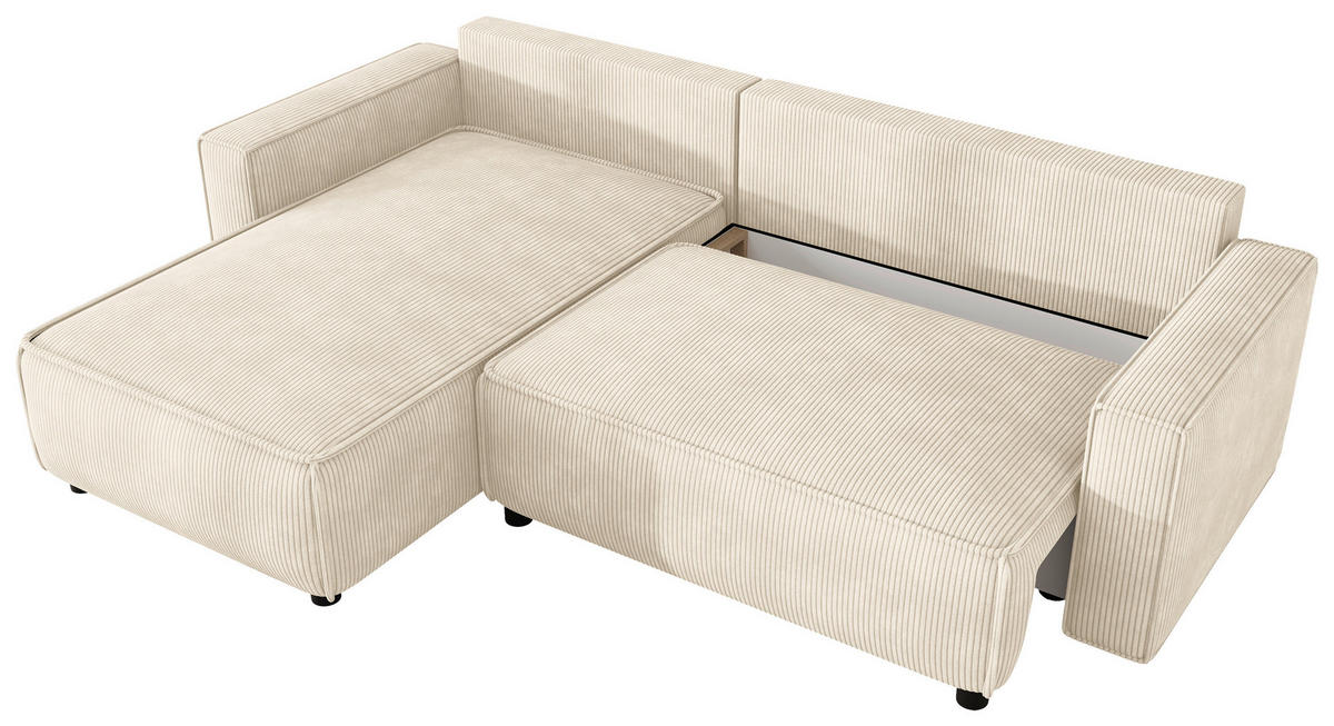 ECKSOFA Creme Cord Zierkissen, Rückenkissen, Bettkasten, Schlaffunktion, Rücken echt, Liegefläche im Originalstoff  - Creme/Schwarz, MODERN, Kunststoff/Textil (190/280cm) - Carryhome
