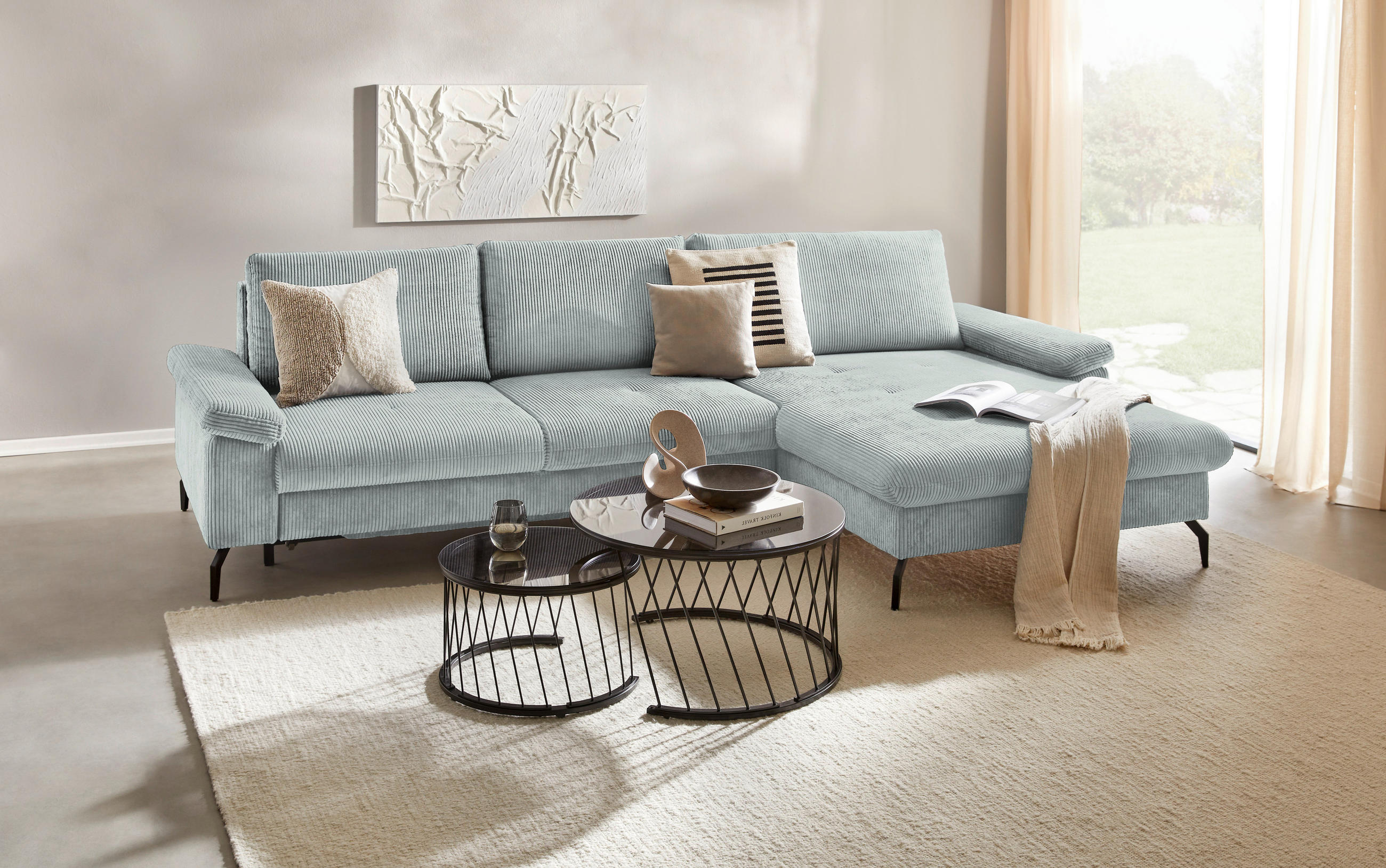 ECKSOFA inkl. Funktion Grau Cord, Velours  - Schwarz/Graphitfarben, MODERN, Textil/Metall (180/302cm) - Venda