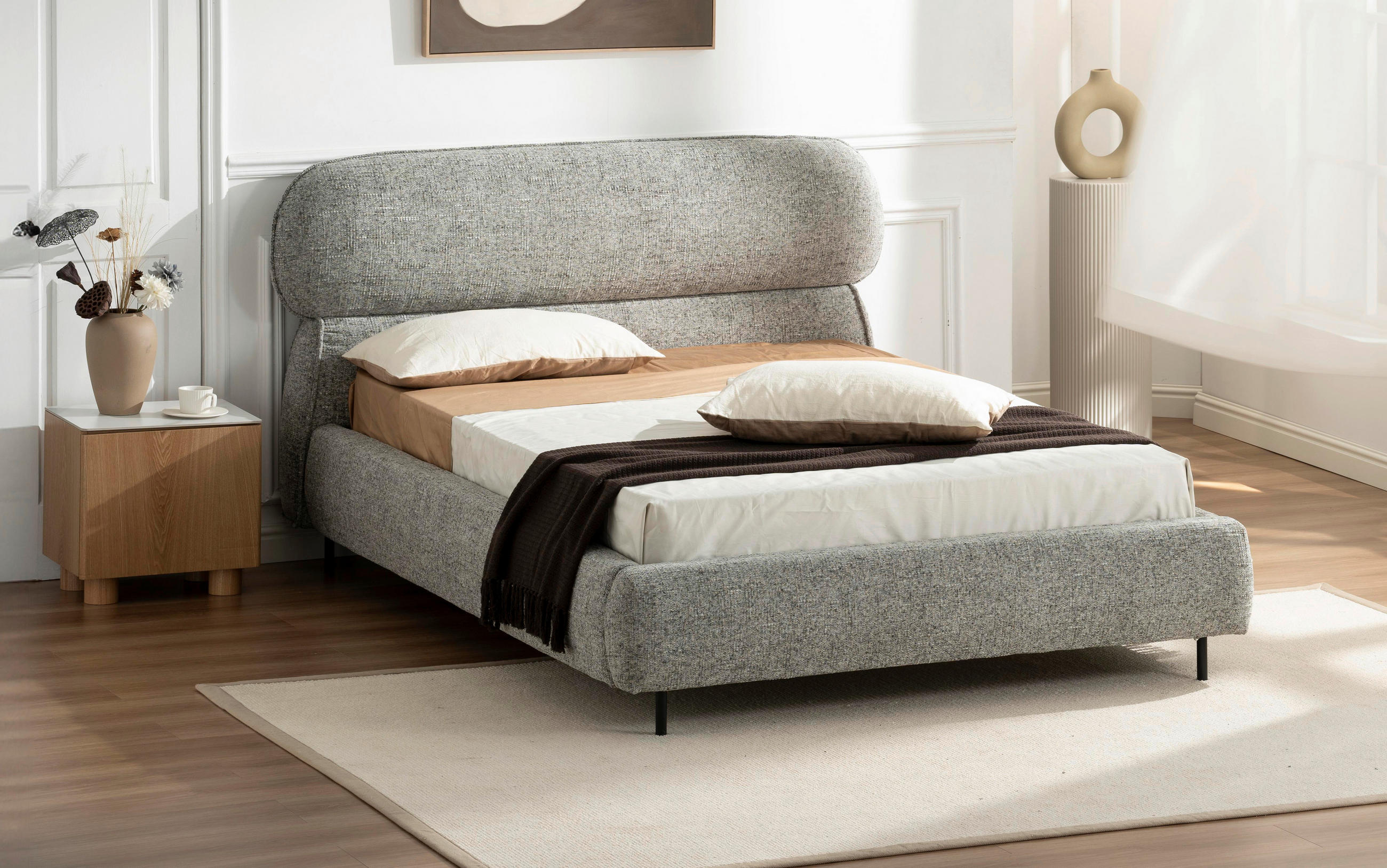 POLSTERBETT 140/200 cm, inkl. gepolstertes Kopfteil, Lattenrost,  in Grau  - Eichefarben/Schwarz, Design, Holz/Textil (140/200cm) - Boxxx